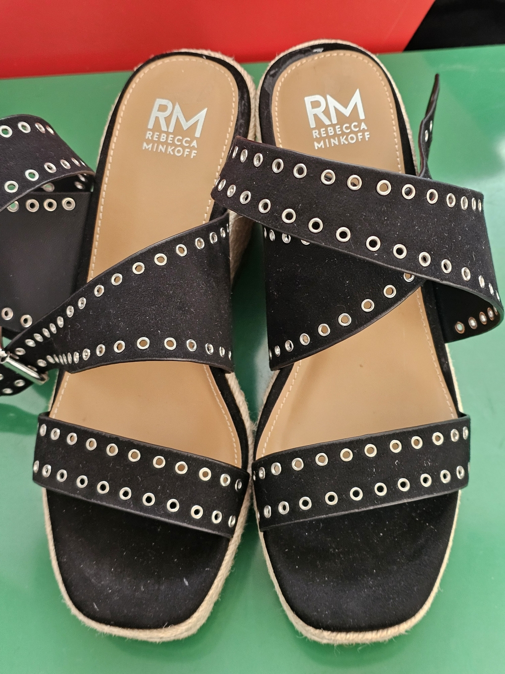 ❗️RM REBECCA MINKOFF  Black  GEMMA  WEDGE  Espadrille Slide Sandals ❗️